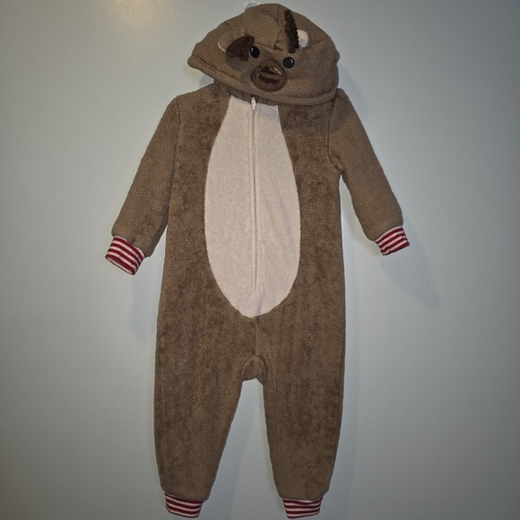 North Pole Reindeer One Piece 2T Pjs Hooded Fleece Deer Costume Unisex - Picture 1 of 4